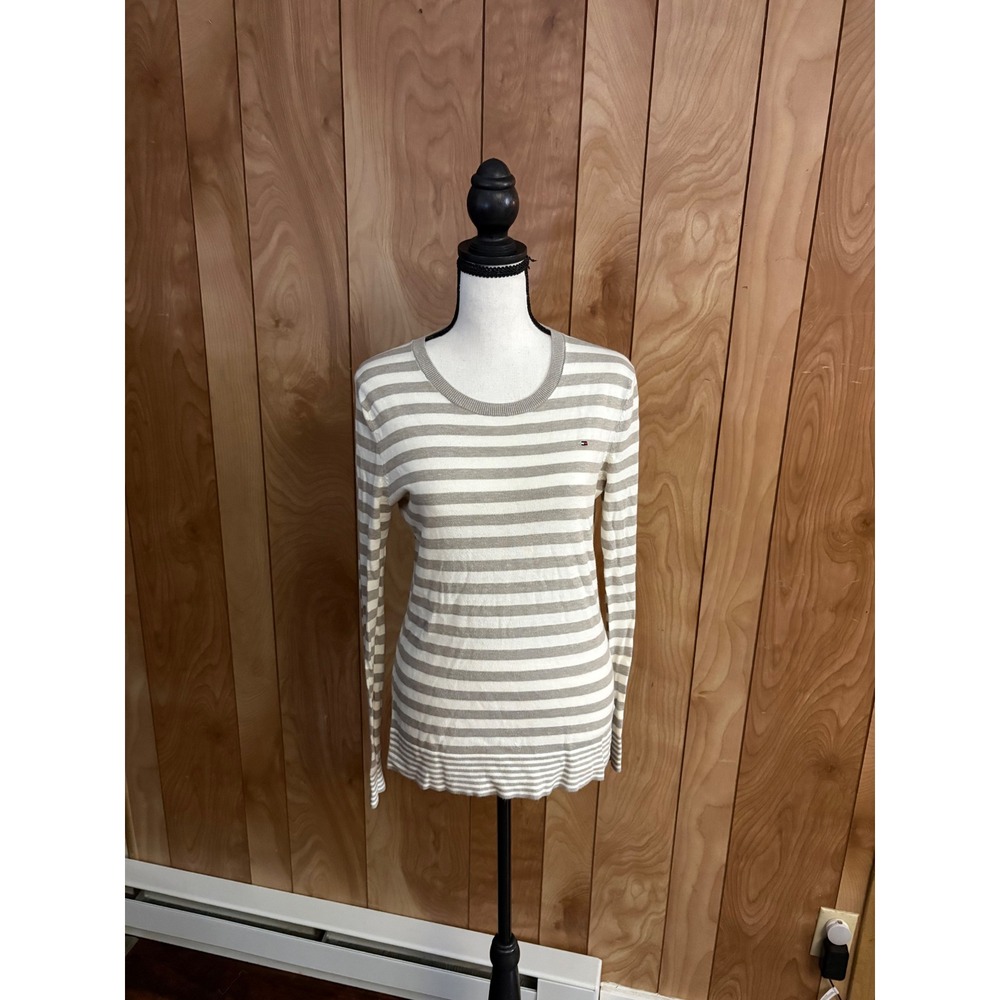 Tommy Hilfiger Womens Grey White Striped Cotton Modal Knit Sweater Small